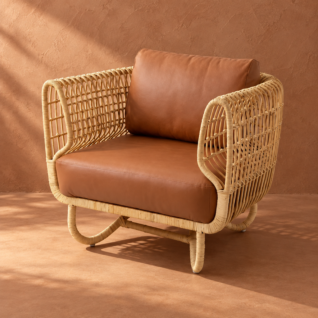 Kashaya Cane Lounge Chair | Handwoven Cane Chair for Living Room | Japandi & Boho Accent Seating