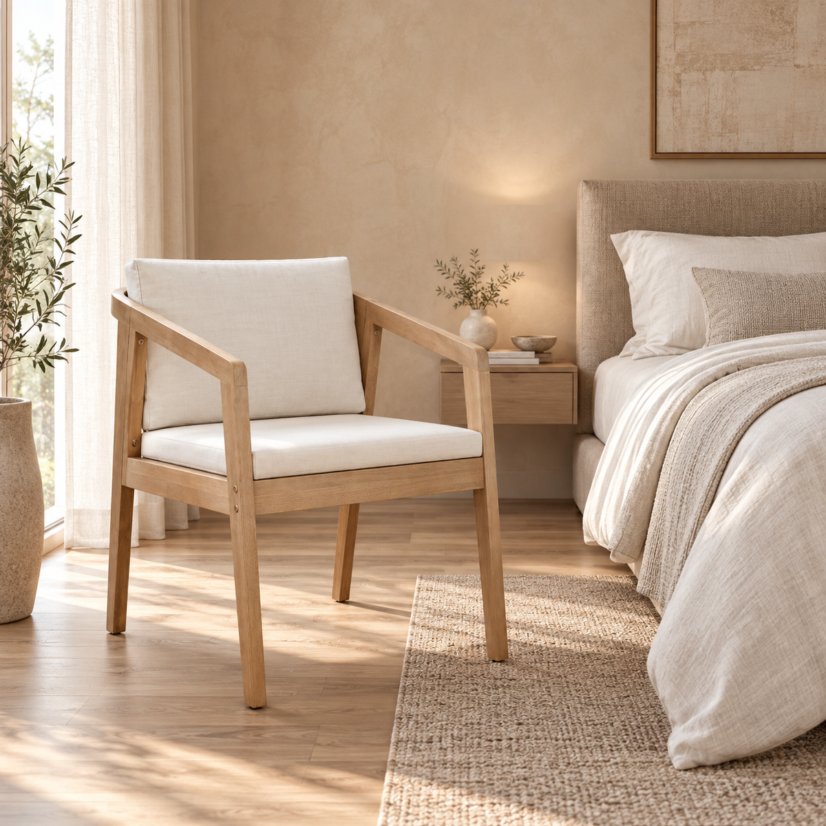 Aarvika Rattan Dining Chair | Handwoven Teak Finish Chair with Cushion | Japandi & Boho Dining Furniture