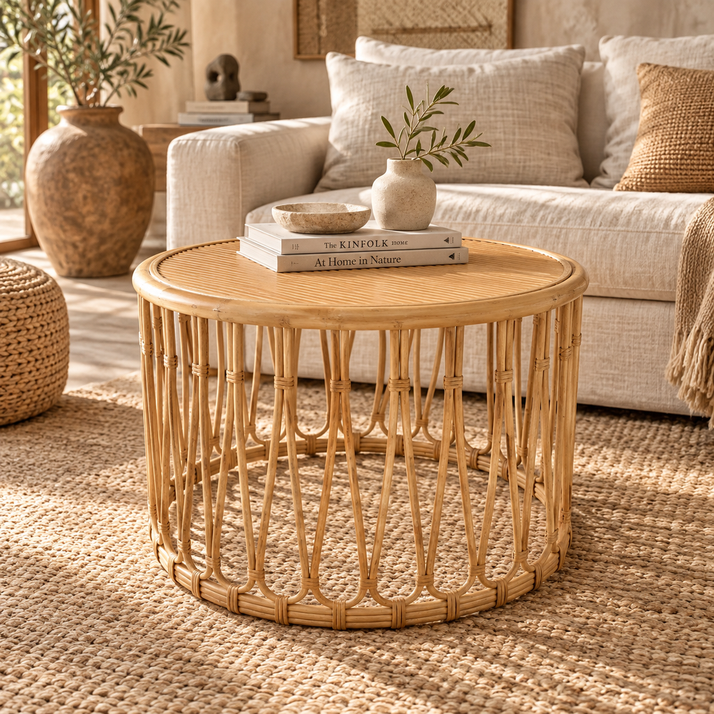 Maanya Rattan Round Side Table – Handcrafted Natural Wood Accent Table
