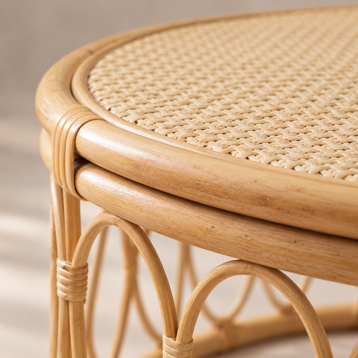 Maanya Rattan Round Side Table – Handcrafted Natural Wood Accent Table