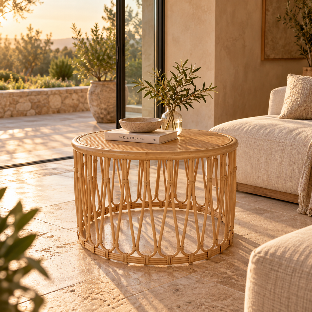 Maanya Rattan Round Side Table – Handcrafted Natural Wood Accent Table
