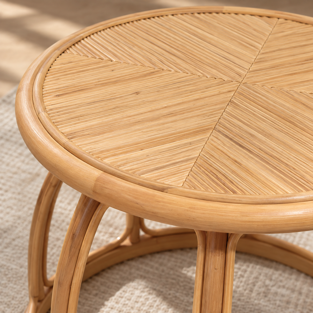 Aavira Rattan Round Coffee Table – Handcrafted Wood Accent Table