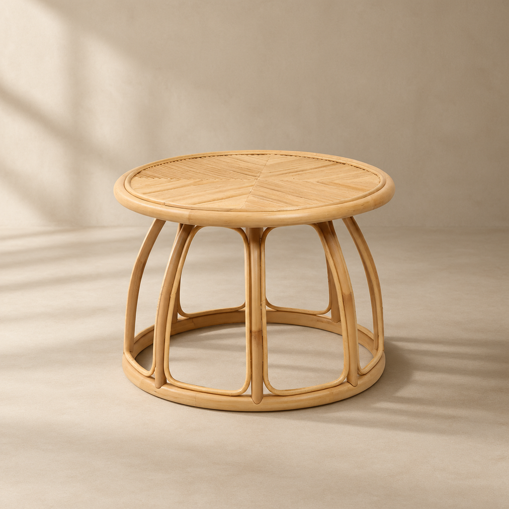 Aavira Rattan Round Coffee Table – Handcrafted Wood Accent Table