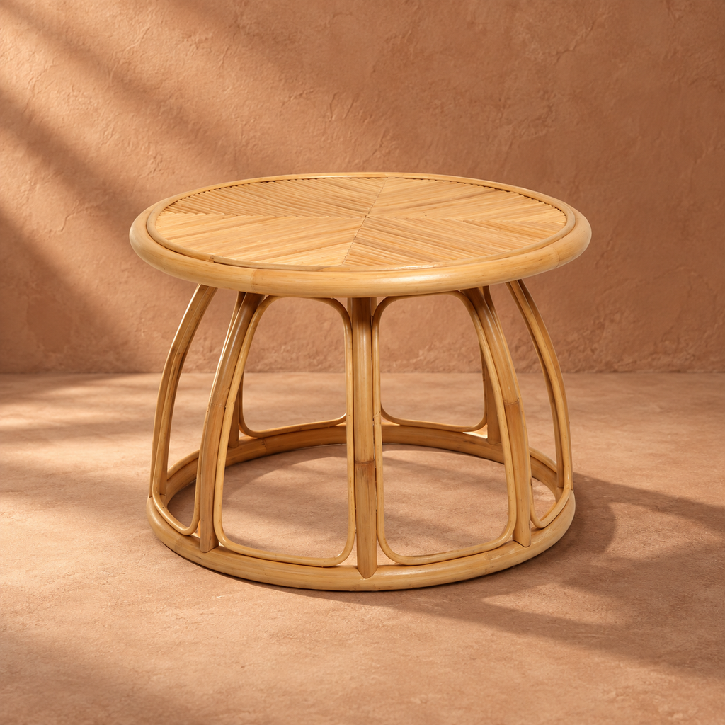 Aavira Rattan Round Coffee Table – Handcrafted Wood Accent Table