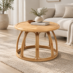 Aavira Rattan Round Coffee Table – Handcrafted Wood Accent Table