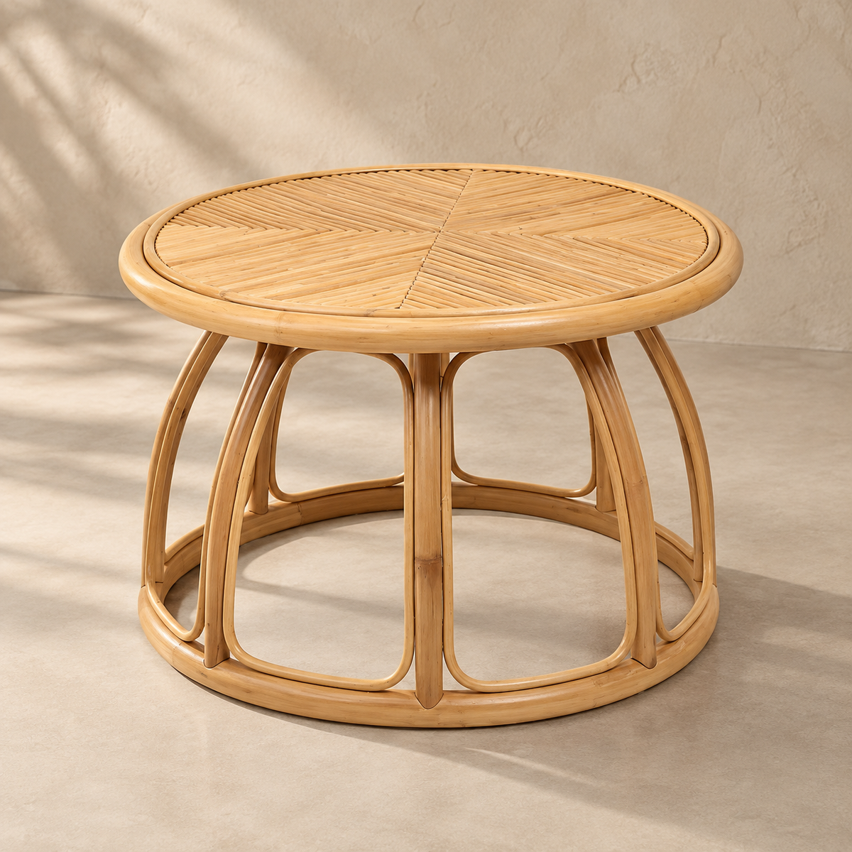 Aavira Rattan Round Coffee Table – Handcrafted Wood Accent Table