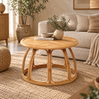 Vireya Rattan Round Coffee Table – Handcrafted Brown Wood Accent Table