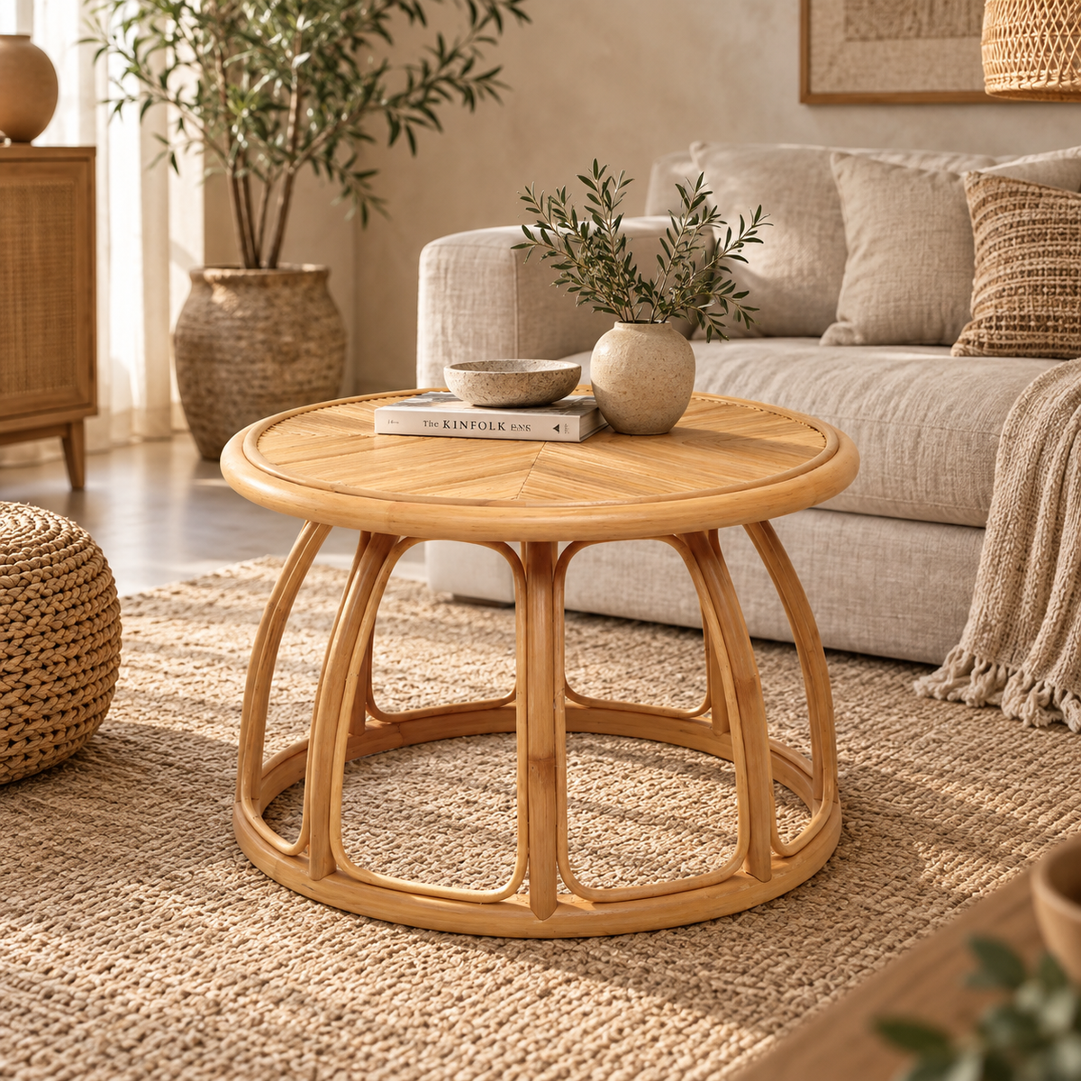 Vireya Rattan Round Coffee Table – Handcrafted Brown Wood Accent Table