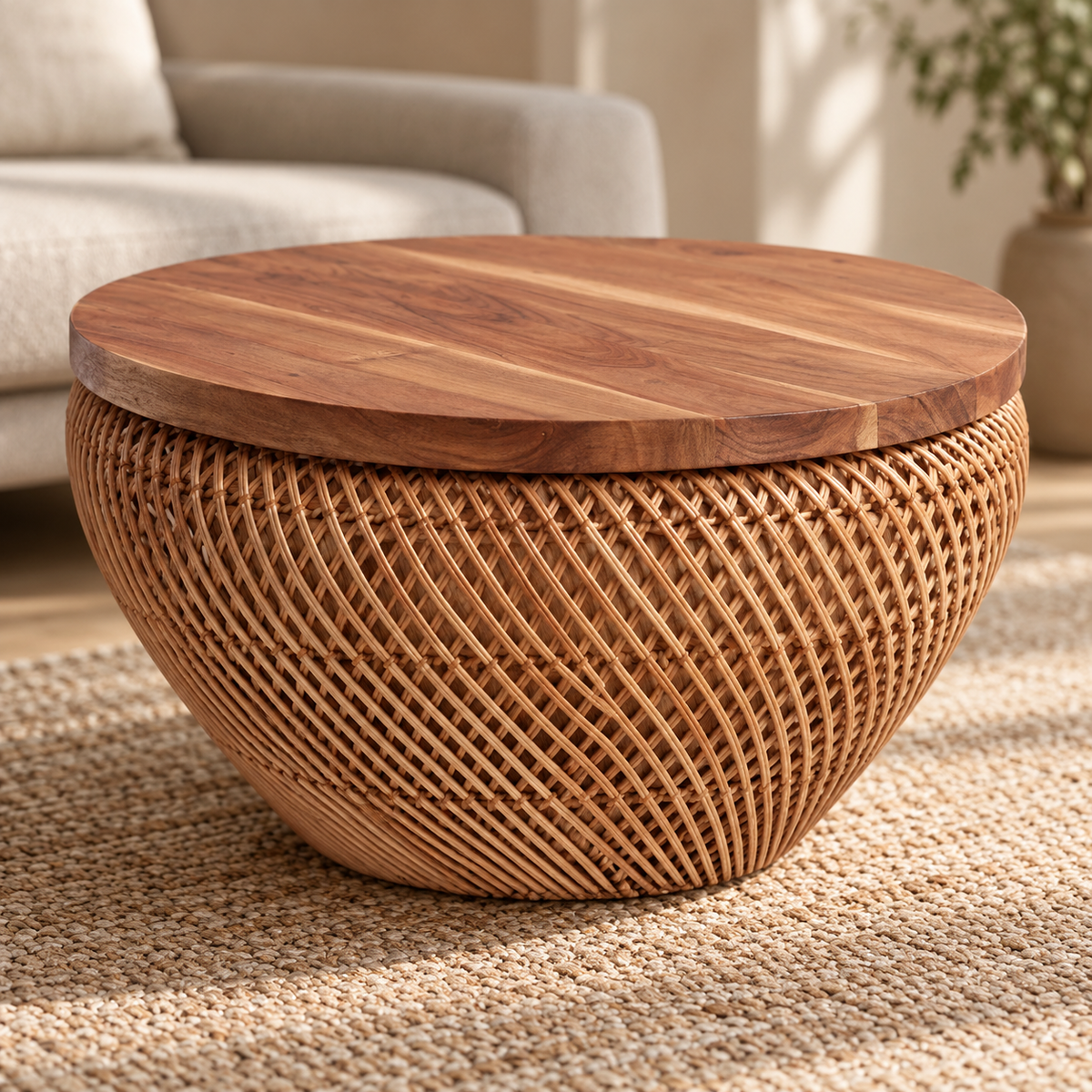 Vireya Rattan Round Coffee Table – Handcrafted Brown Wood Accent Table