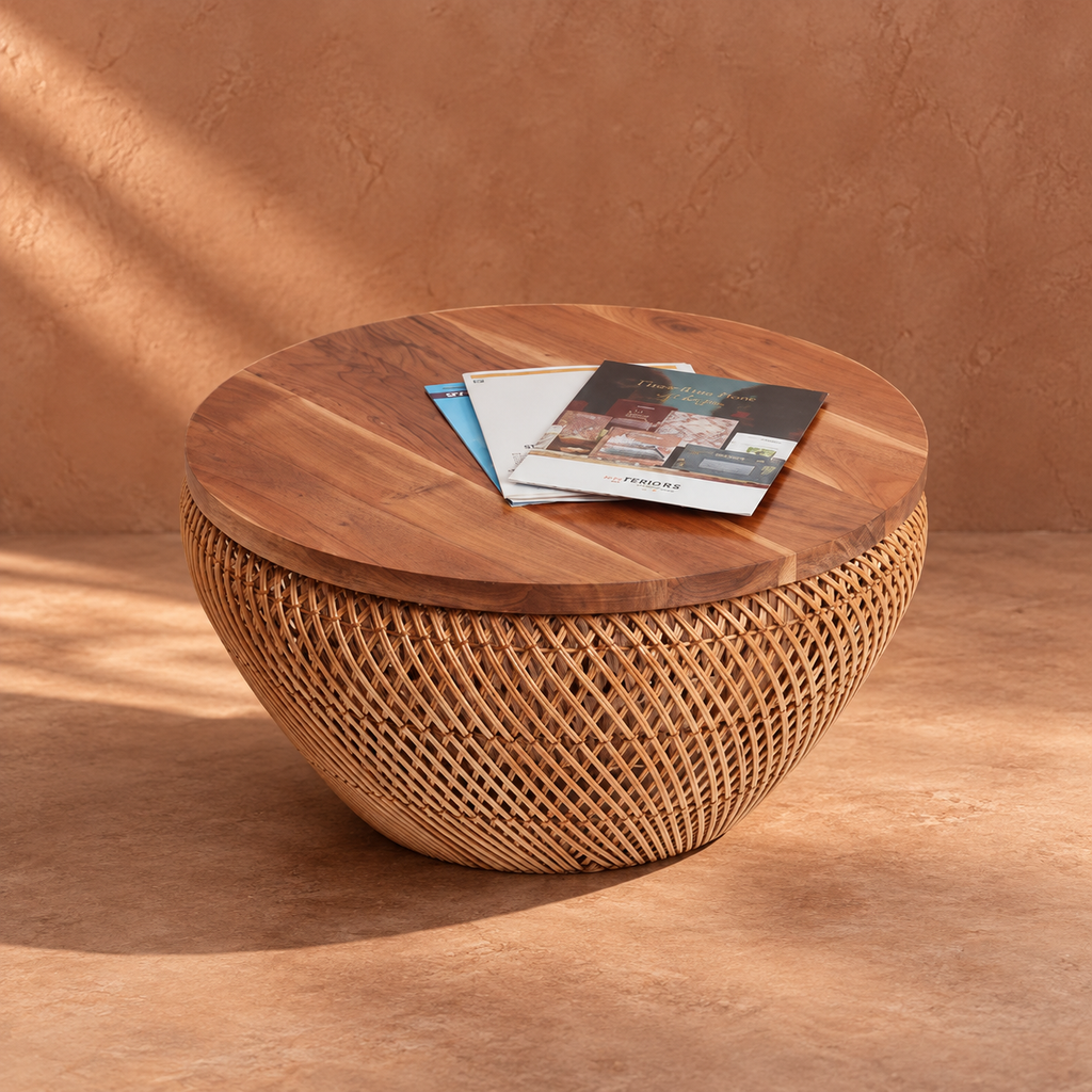 Vireya Rattan Round Coffee Table – Handcrafted Brown Wood Accent Table