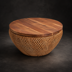 Vireya Rattan Round Coffee Table – Handcrafted Brown Wood Accent Table