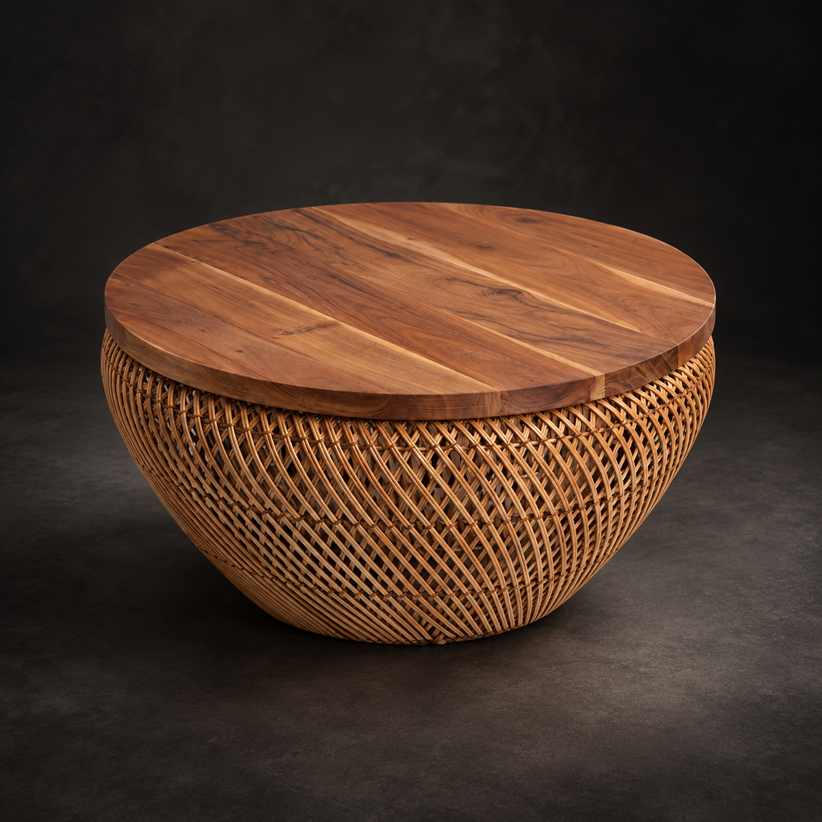 Vireya Rattan Round Coffee Table – Handcrafted Brown Wood Accent Table