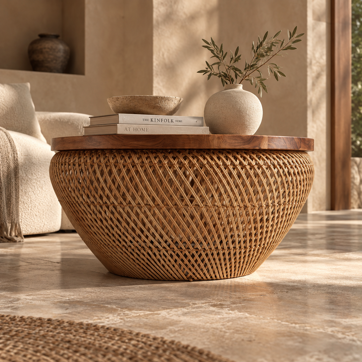 Vireya Rattan Round Coffee Table – Handcrafted Brown Wood Accent Table
