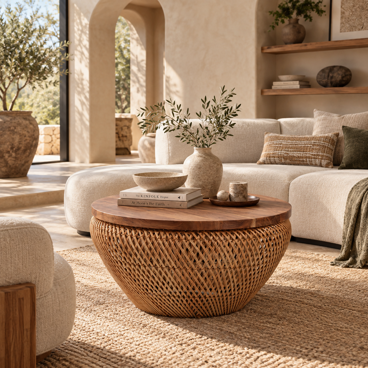 Vireya Rattan Round Coffee Table – Handcrafted Brown Wood Accent Table