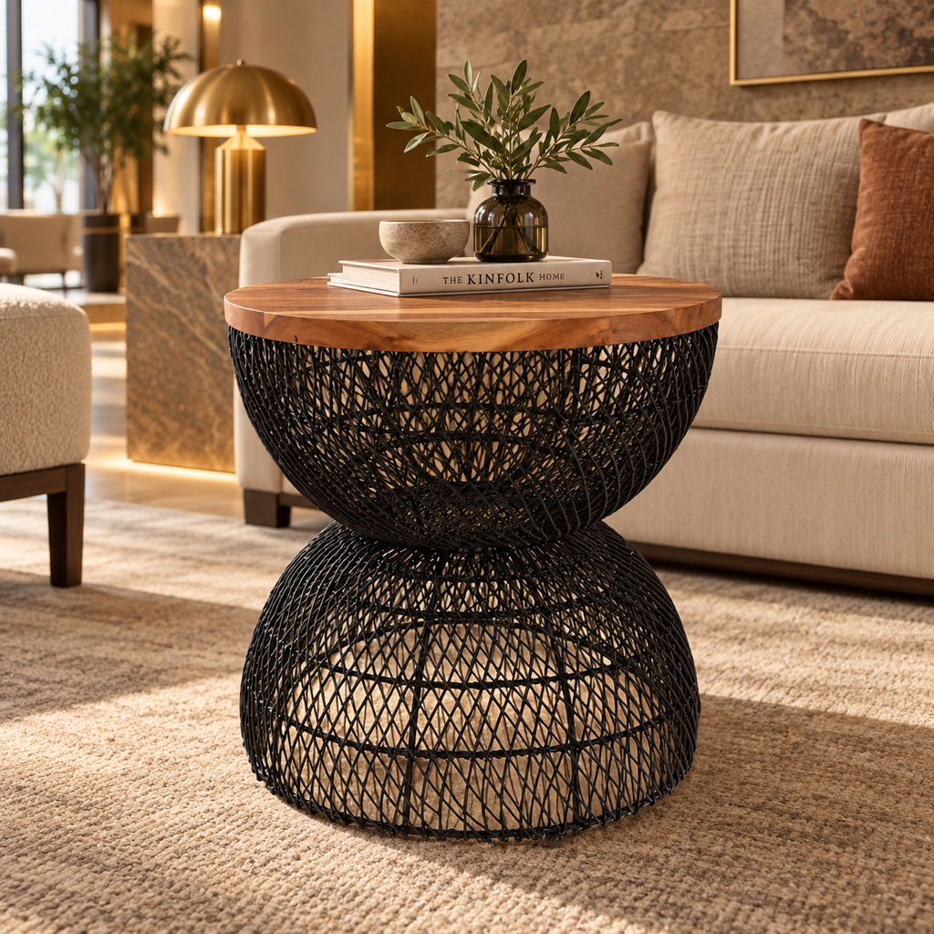 Zareen Black Rattan Stool – Handcrafted Round Accent & Side Stool
