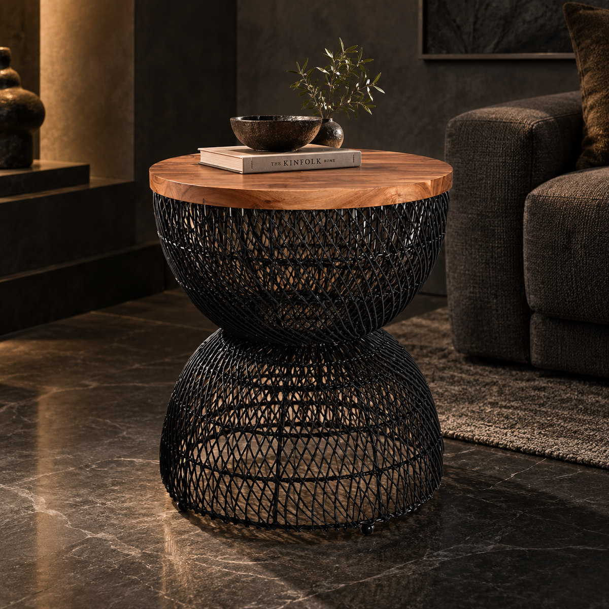 Zareen Black Rattan Stool – Handcrafted Round Accent & Side Stool