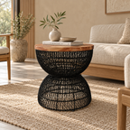 Zareen Black Rattan Stool – Handcrafted Round Accent & Side Stool