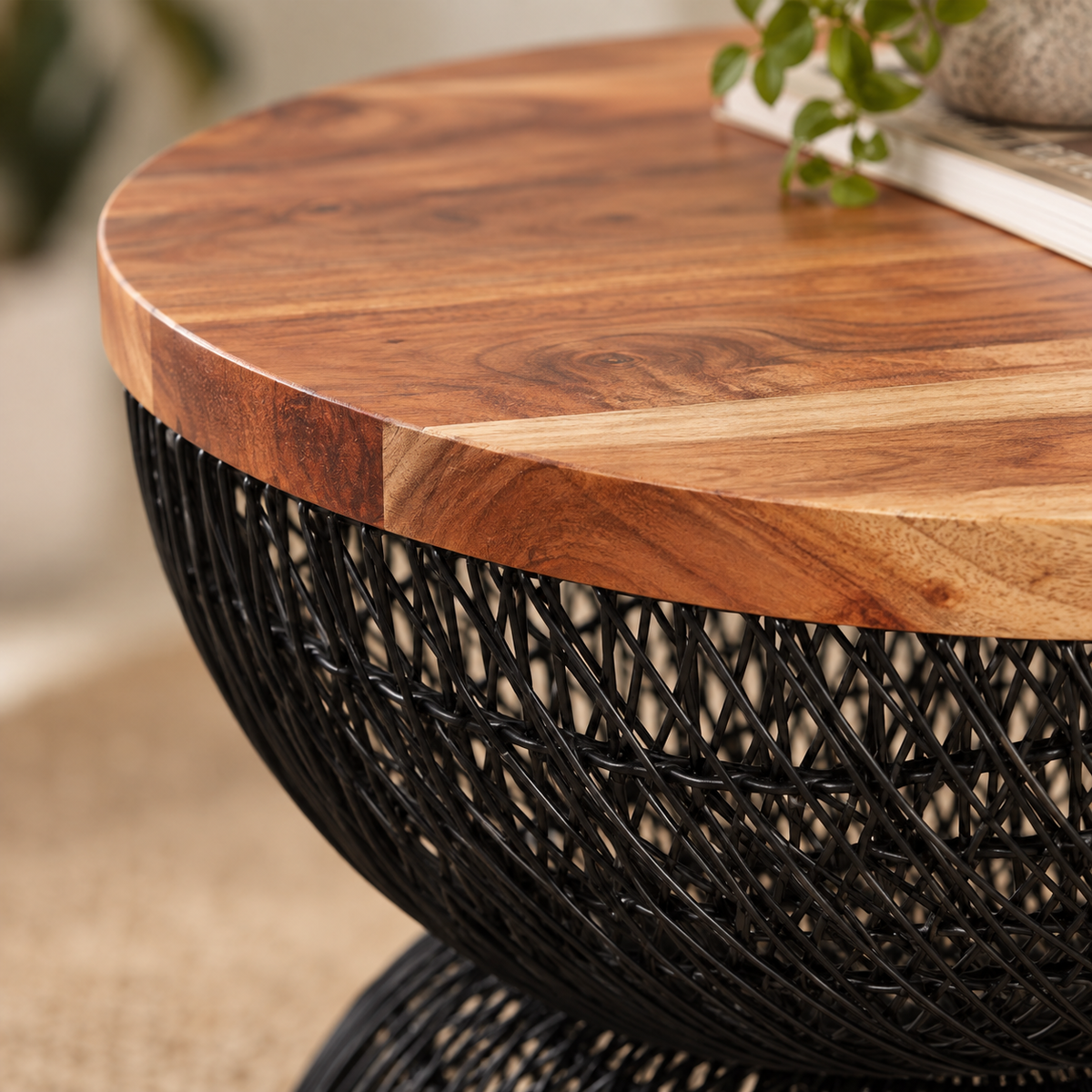 Zareen Black Rattan Stool – Handcrafted Round Accent & Side Stool