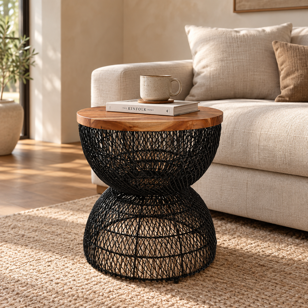 Zareen Black Rattan Stool – Handcrafted Round Accent & Side Stool