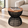 Zareen Black Rattan Stool – Handcrafted Round Accent & Side Stool