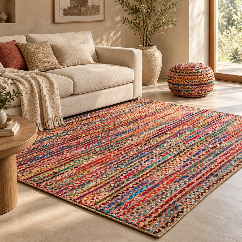 Elora Multicolor Jute Chindi Rug – Handwoven Striped Natural Fiber Area Carpet