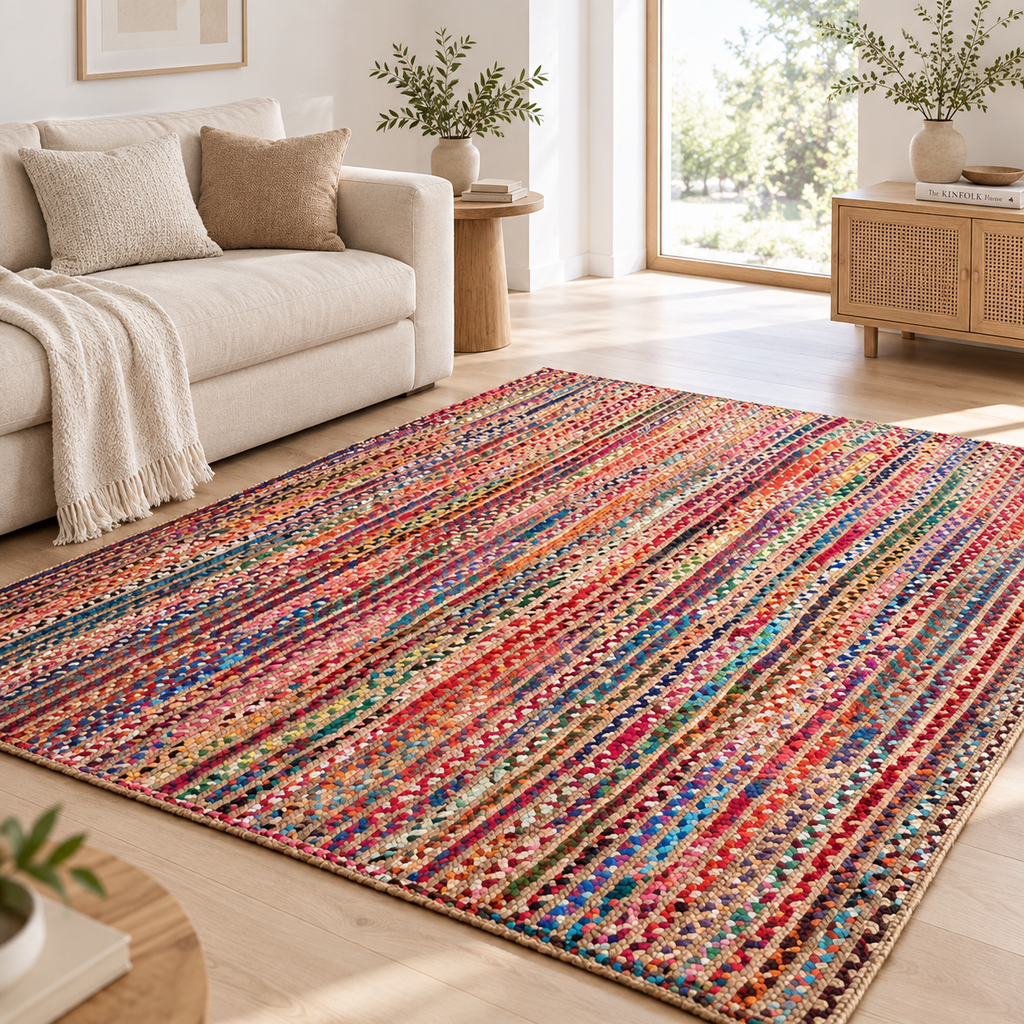 Elora Multicolor Jute Chindi Rug – Handwoven Striped Natural Fiber Area Carpet