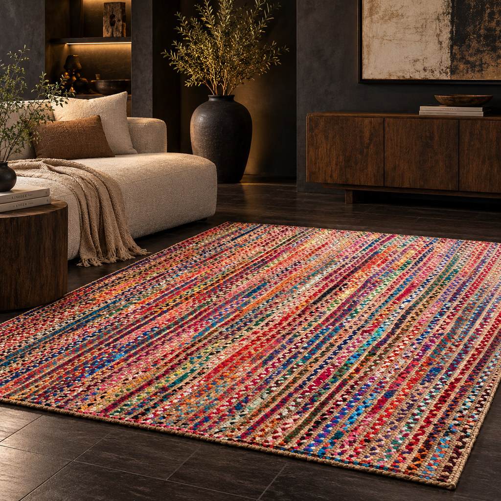 Elora Multicolor Jute Chindi Rug – Handwoven Striped Natural Fiber Area Carpet
