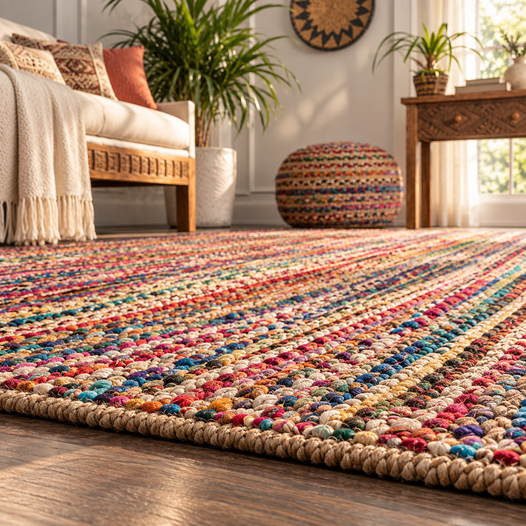 Elora Multicolor Jute Chindi Rug – Handwoven Striped Natural Fiber Area Carpet