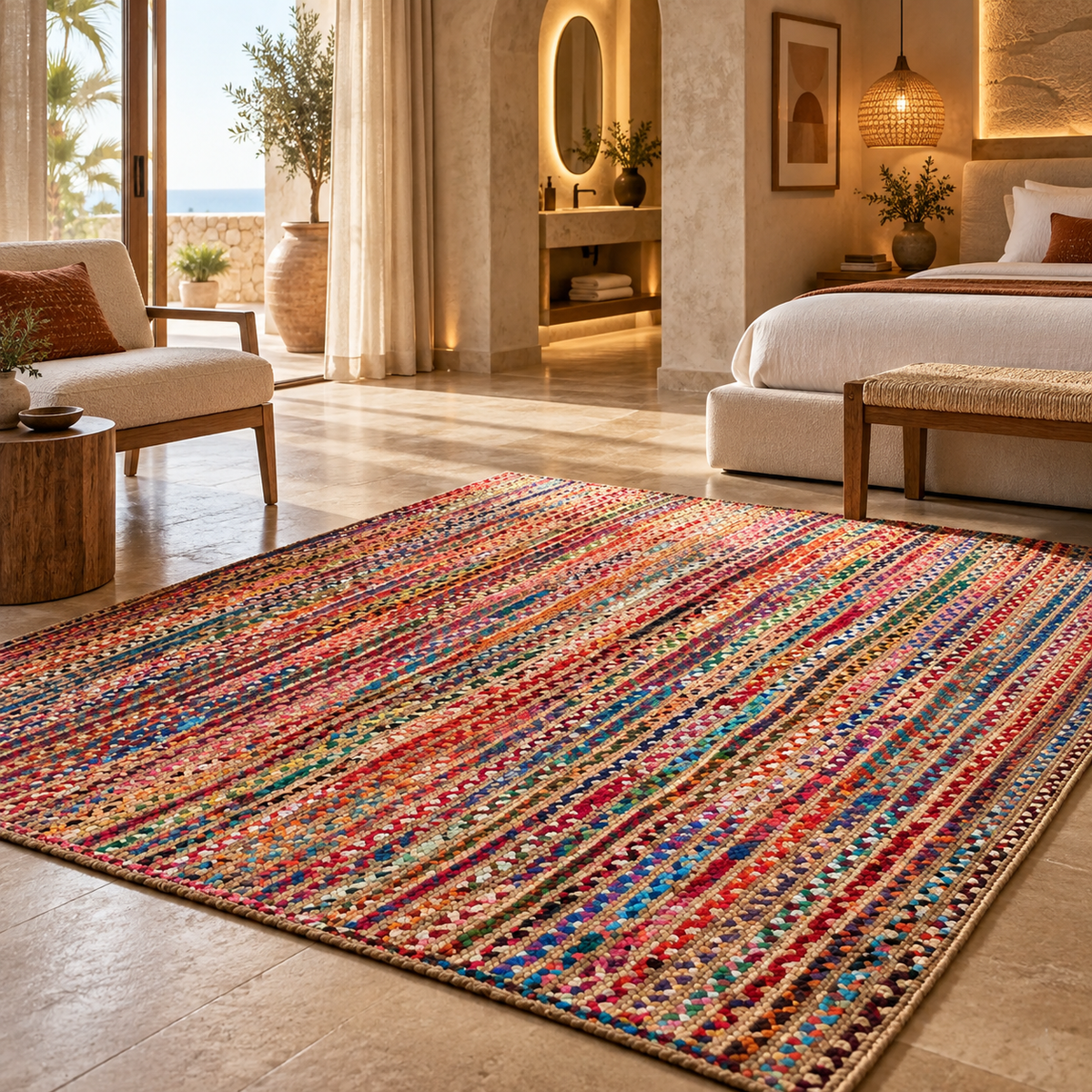 Elora Multicolor Jute Chindi Rug – Handwoven Striped Natural Fiber Area Carpet
