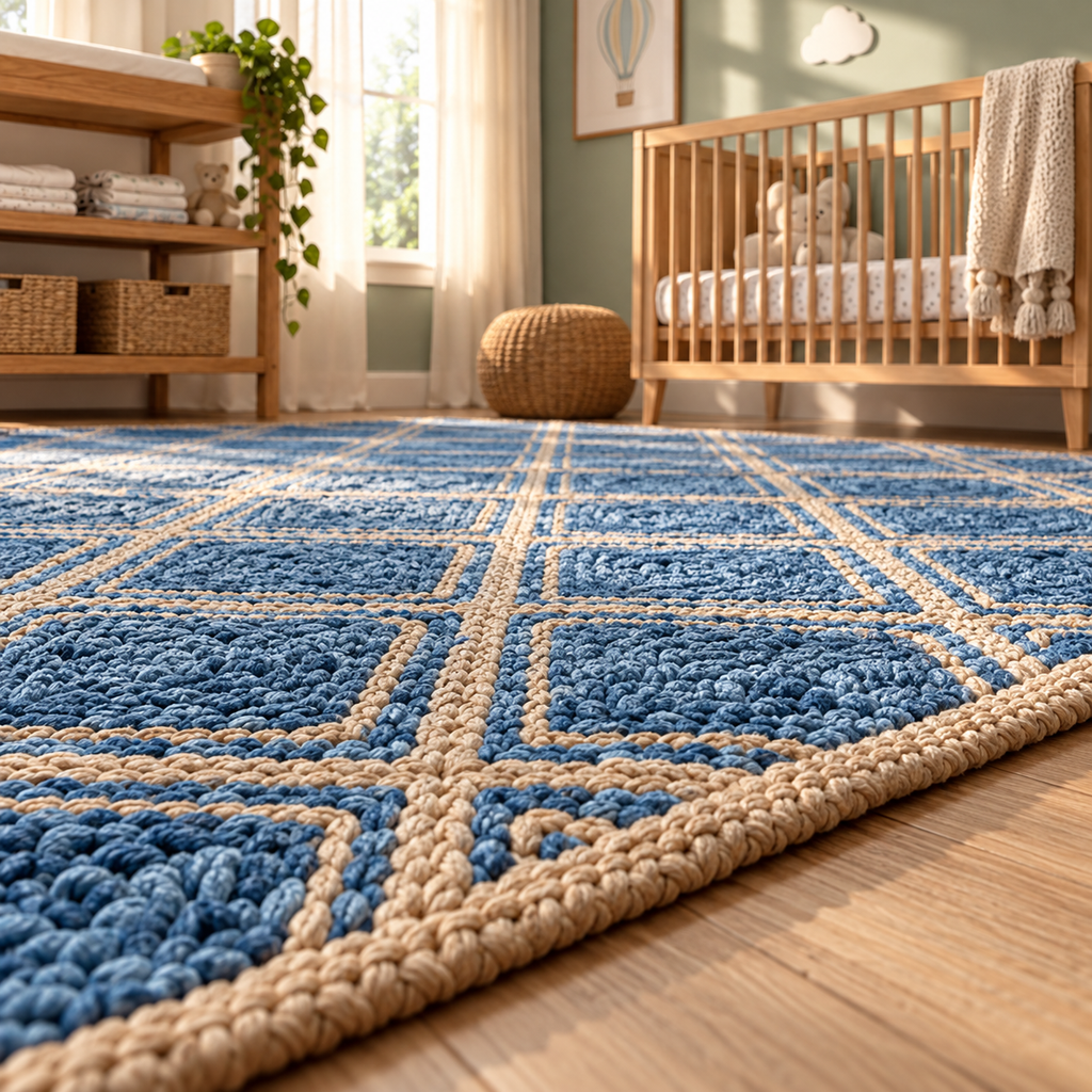 Avenna Blue Denim Jute Rug – Handwoven Diamond Pattern Area Carpet