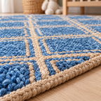 Avenna Blue Denim Jute Rug – Handwoven Diamond Pattern Area Carpet