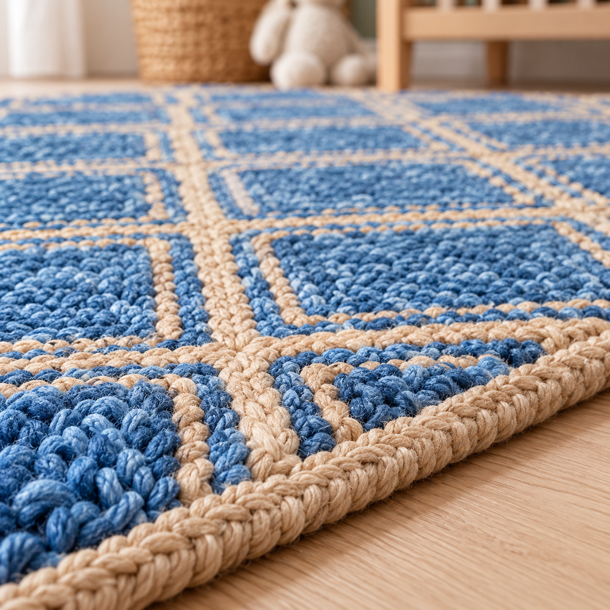Avenna Blue Denim Jute Rug – Handwoven Diamond Pattern Area Carpet