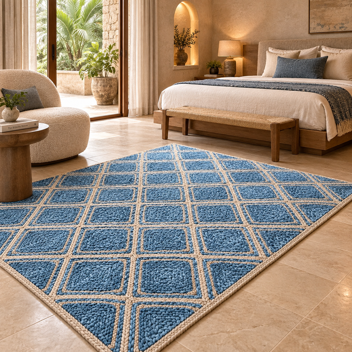 Avenna Blue Denim Jute Rug – Handwoven Diamond Pattern Area Carpet