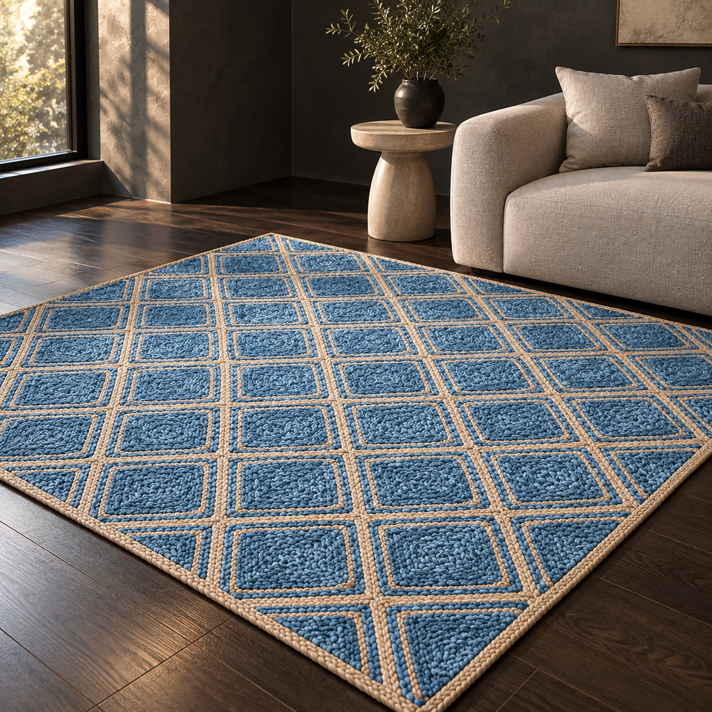 Avenna Blue Denim Jute Rug – Handwoven Diamond Pattern Area Carpet