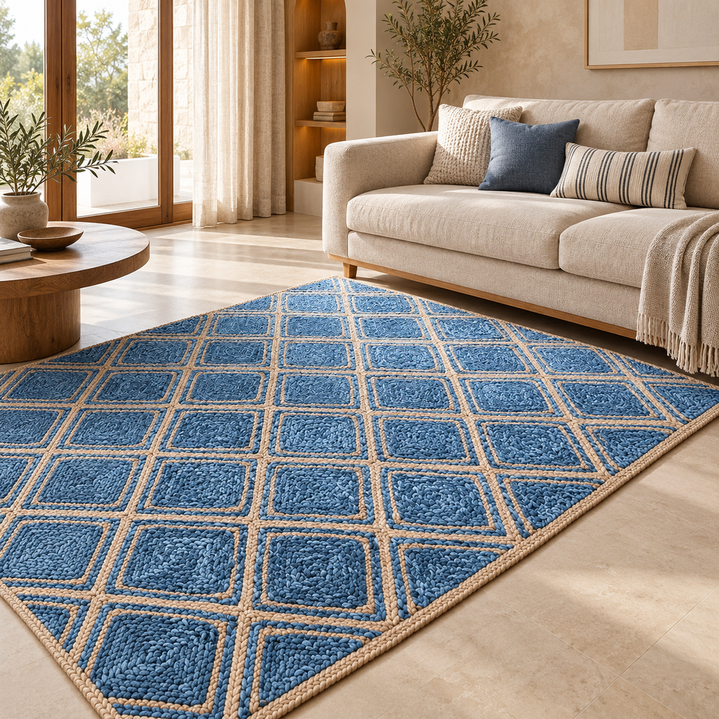 Avenna Blue Denim Jute Rug – Handwoven Diamond Pattern Area Carpet