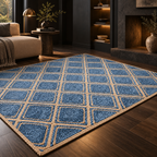 Avenna Blue Denim Jute Rug – Handwoven Diamond Pattern Area Carpet