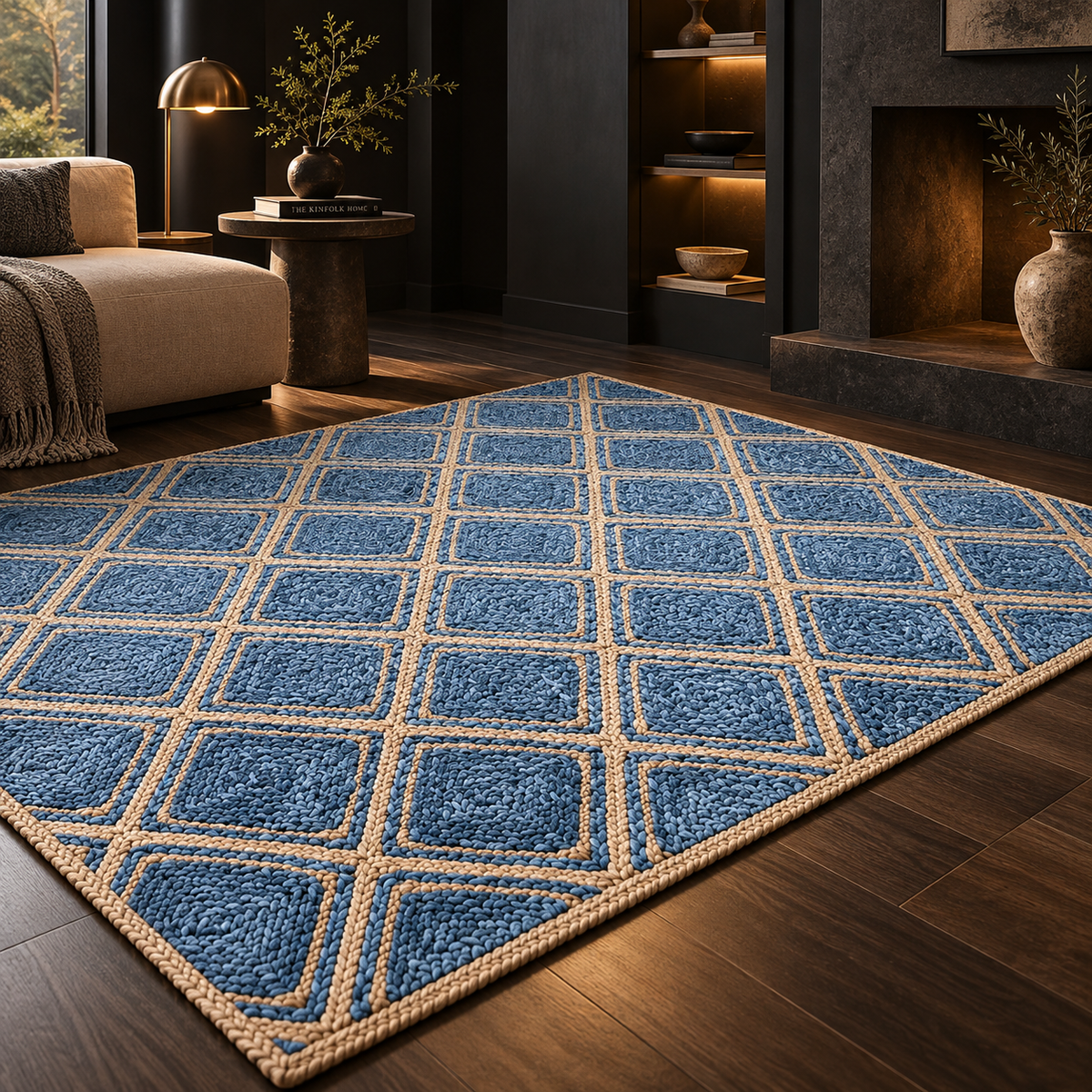 Avenna Blue Denim Jute Rug – Handwoven Diamond Pattern Area Carpet