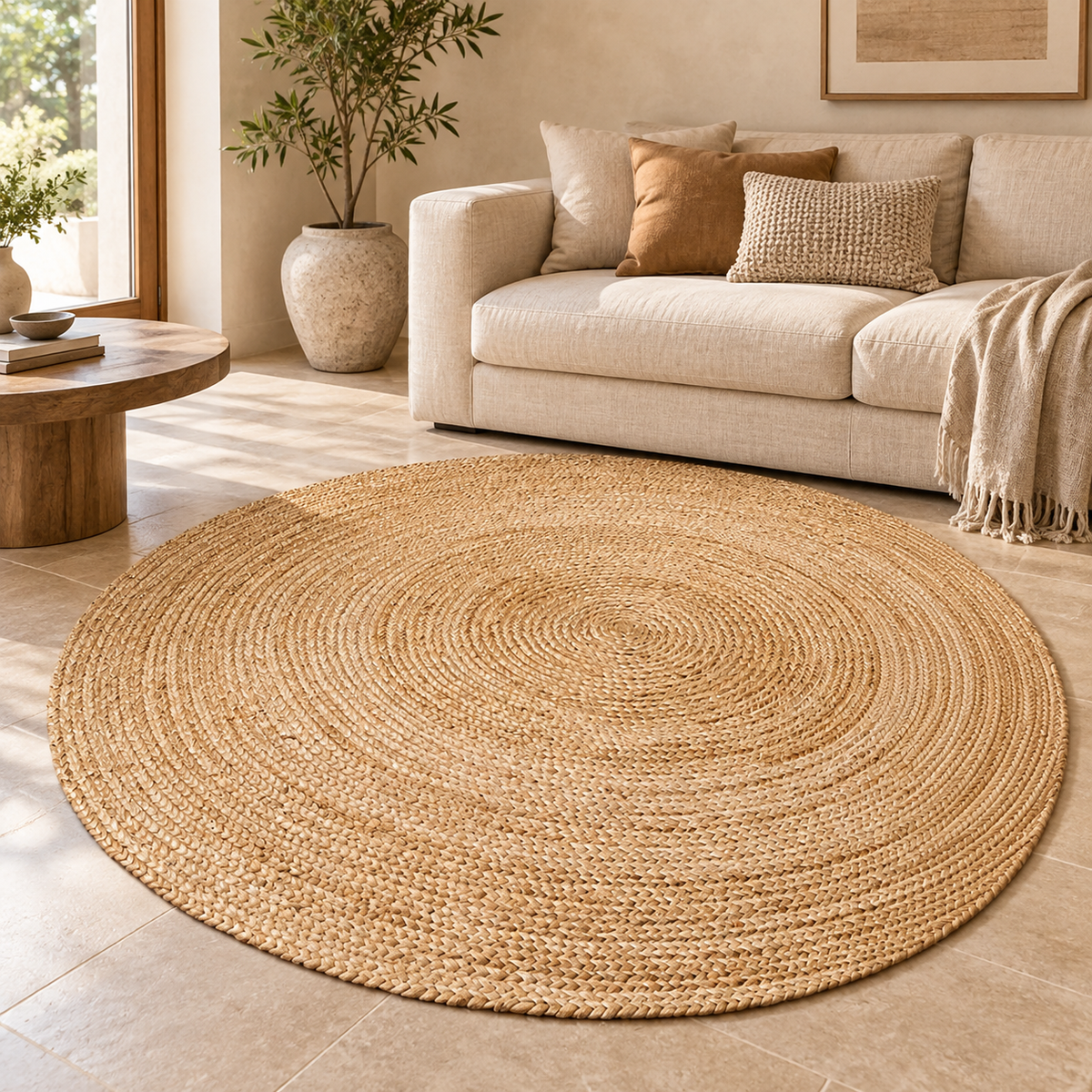 Avyra Natural Round Jute Rug – Handwoven Beige Fiber Area Carpet