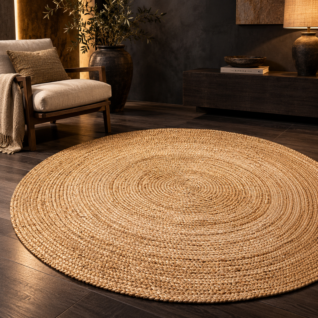 Avyra Natural Round Jute Rug – Handwoven Beige Fiber Area Carpet