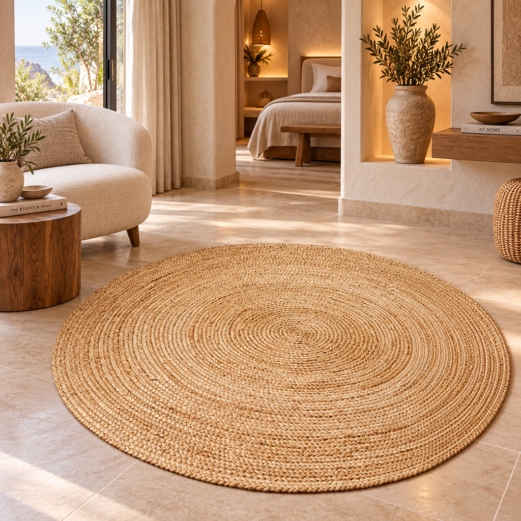 Avyra Natural Round Jute Rug – Handwoven Beige Fiber Area Carpet