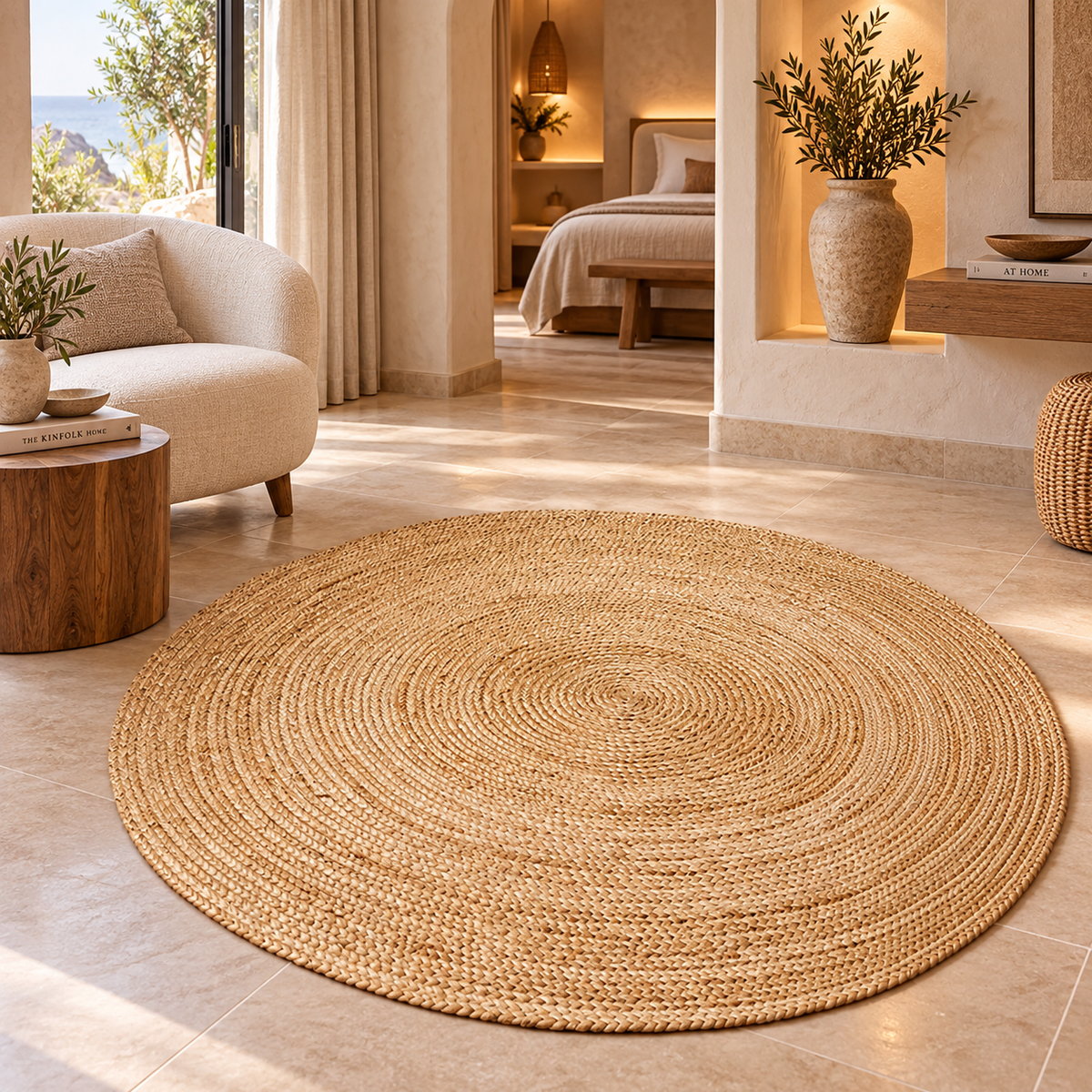 Avyra Natural Round Jute Rug – Handwoven Beige Fiber Area Carpet