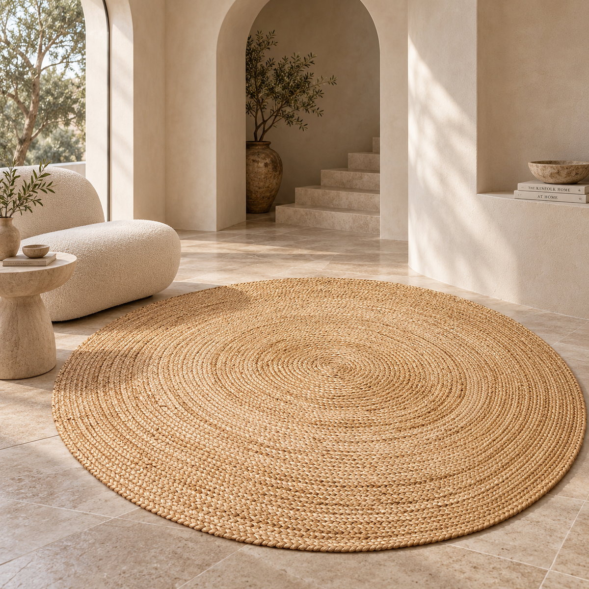 Avyra Natural Round Jute Rug – Handwoven Beige Fiber Area Carpet