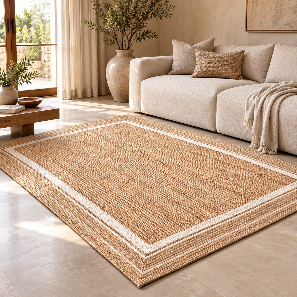 Elviana Beige & White Jute Rug – Handwoven Border Area Carpet