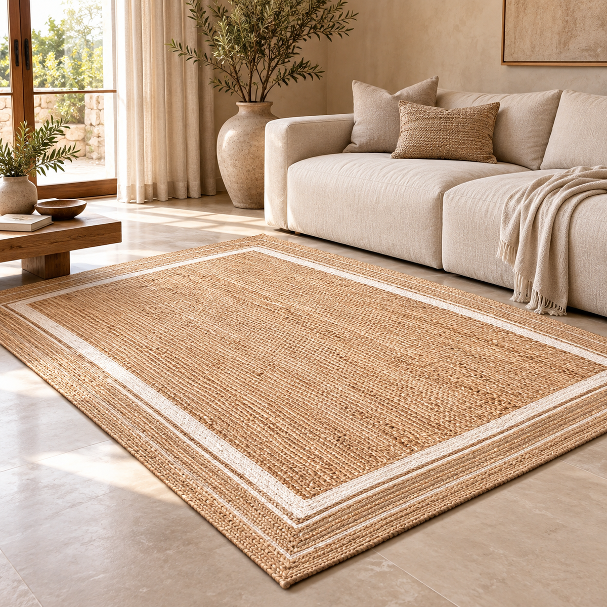 Elviana Beige & White Jute Rug – Handwoven Border Area Carpet