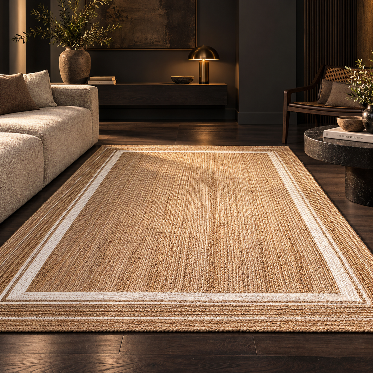 Elviana Beige & White Jute Rug – Handwoven Border Area Carpet