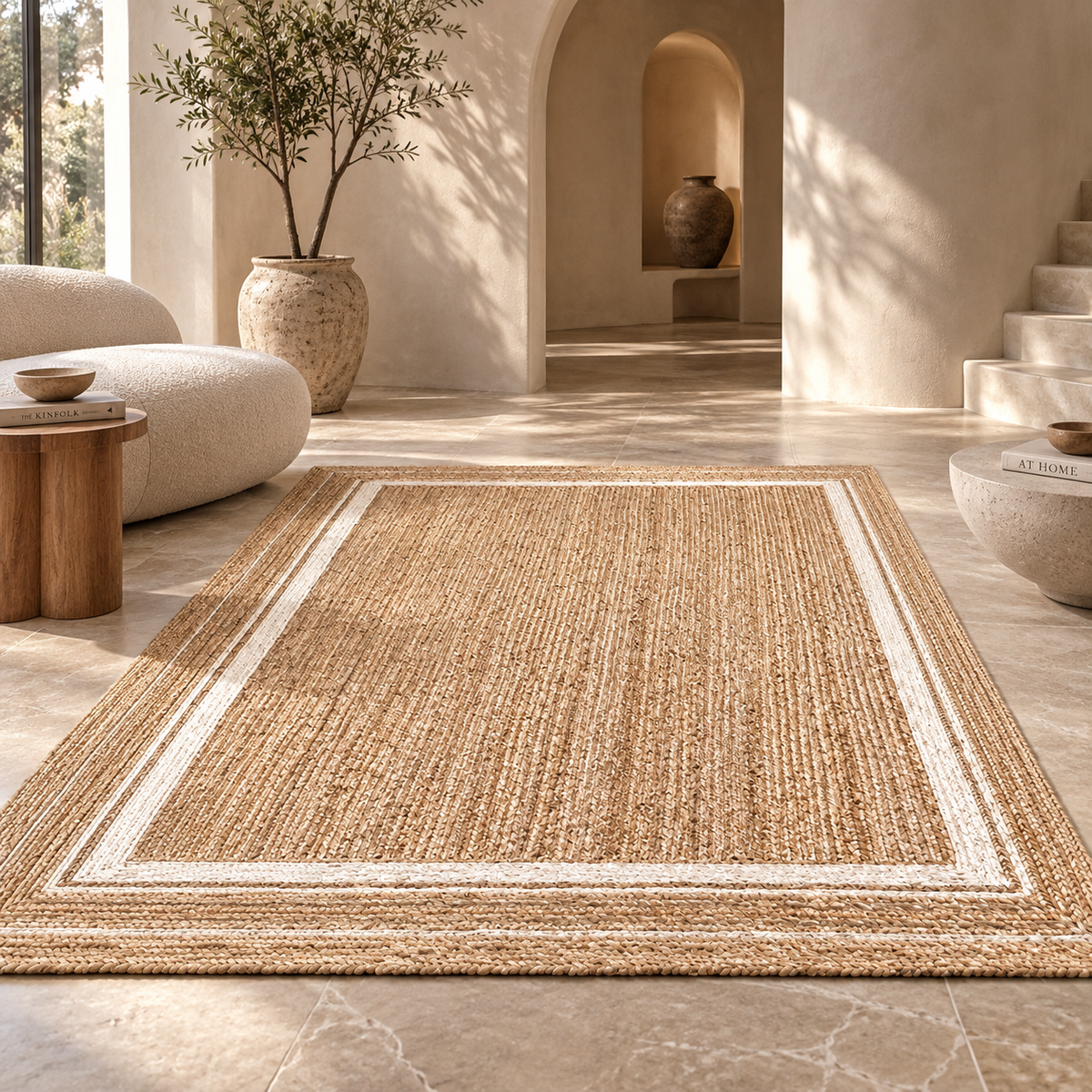 Elviana Beige & White Jute Rug – Handwoven Border Area Carpet