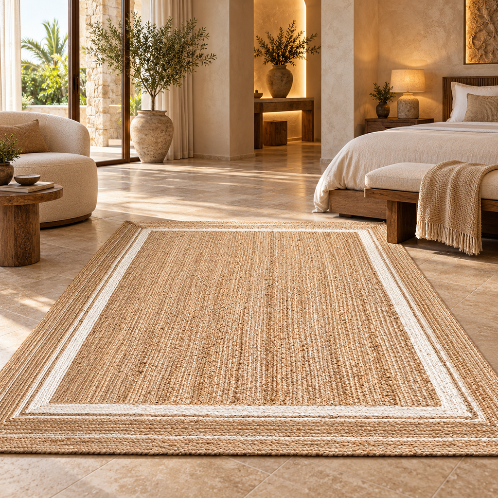 Elviana Beige & White Jute Rug – Handwoven Border Area Carpet