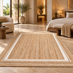 Elviana Beige & White Jute Rug – Handwoven Border Area Carpet