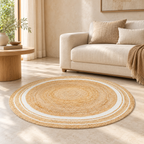 Elaria Beige & White Round Jute Rug – Handwoven Natural Fiber Accent Carpet