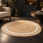 Elaria Beige & White Round Jute Rug – Handwoven Natural Fiber Accent Carpet